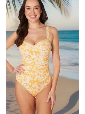 Niptuck Joanne Twist Front Tummy Control  Yellow Floral One-Piece Swimsuit Sz 10